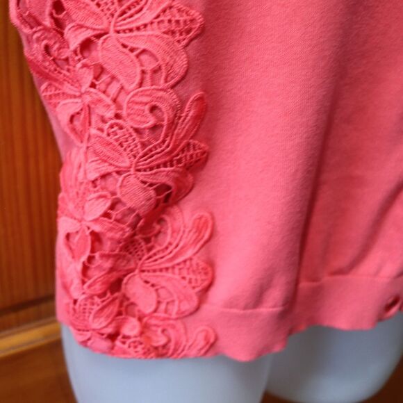 Talbots Coral Pink Floral Applique Cardigan Sweater Y2K Layering Large - Picture 4 of 12